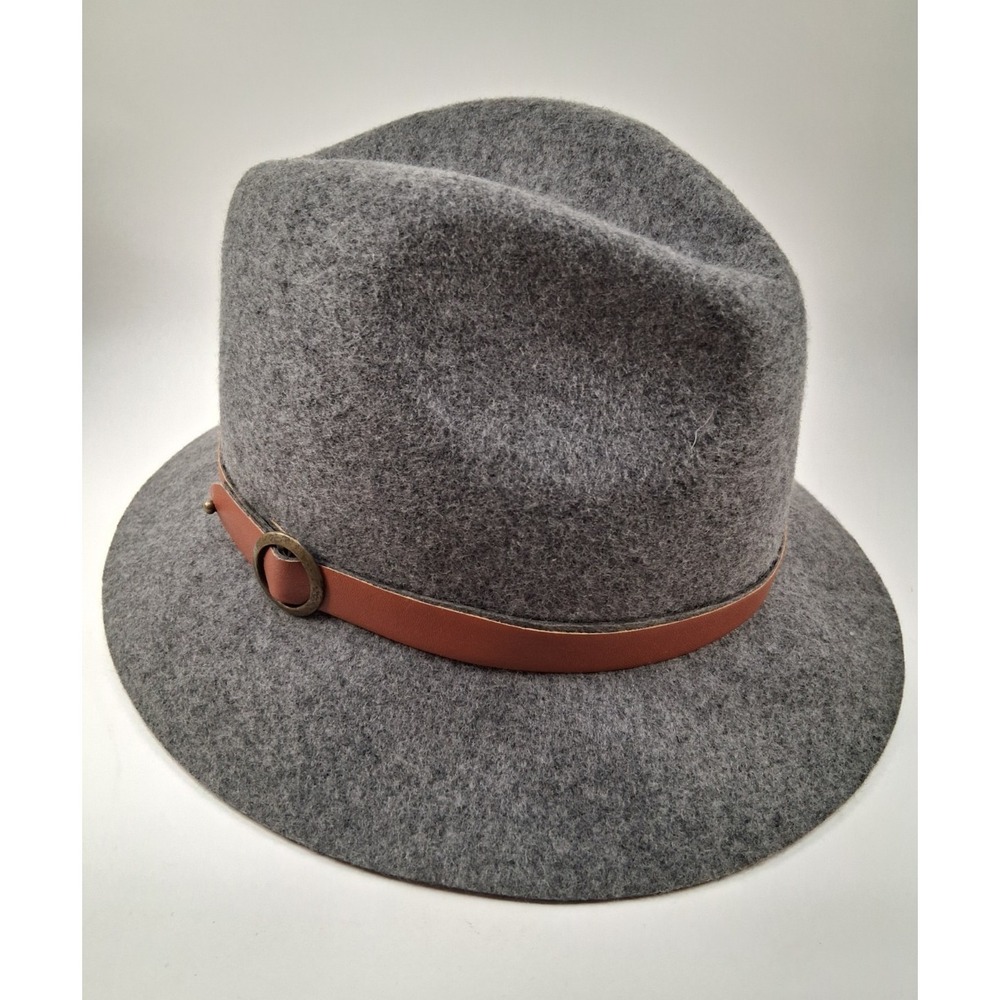 Genie by Eugenia Kim Jordan Grey Wool Fedora Hat Tan Leather Buckle Band O/S
